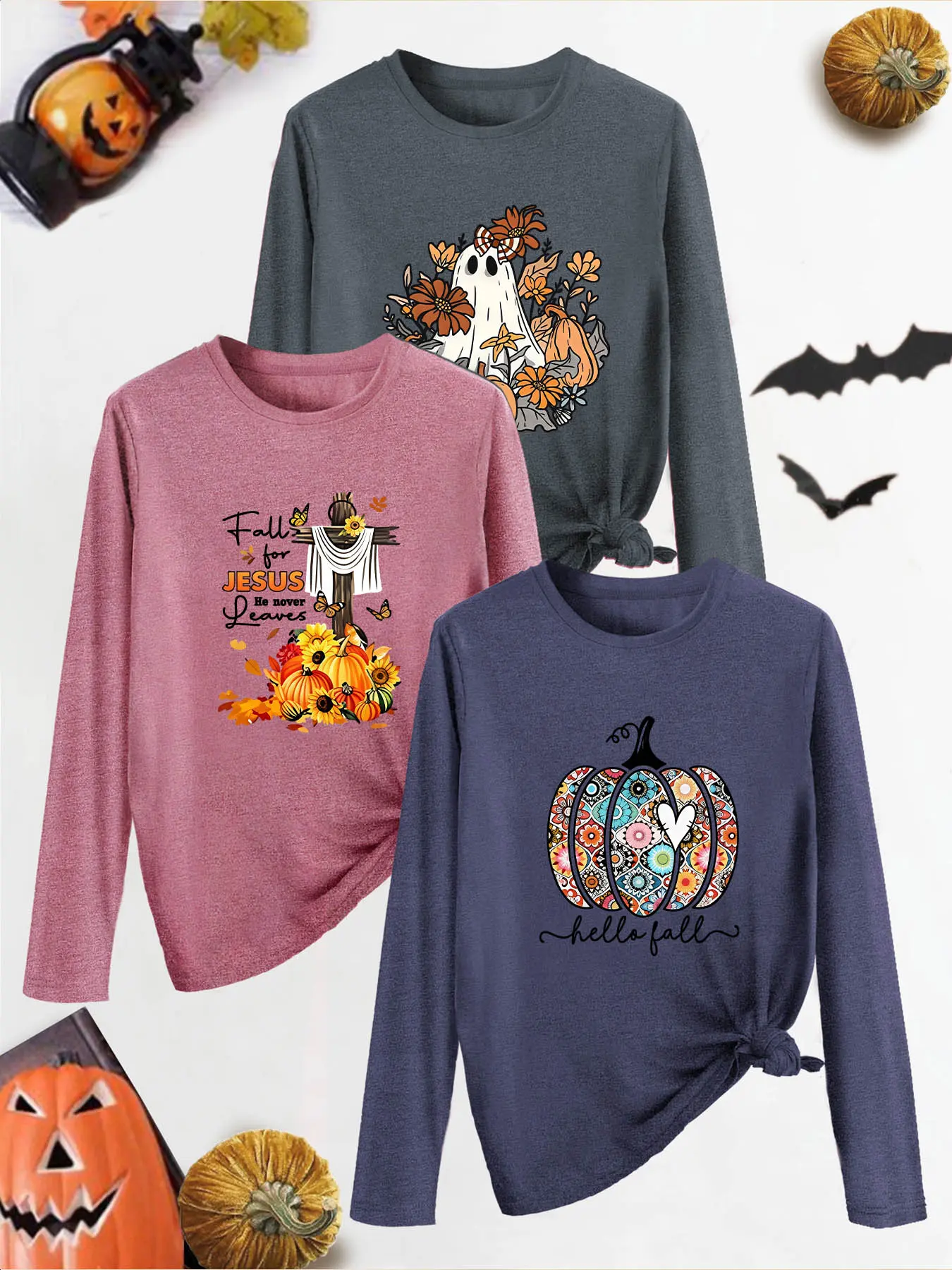 3Pcs Women Crew Neck Long Sleeve Tee, Floral Ghost Cross Faith Fall Gentle Print, Multi-color Washable Soft Daily Casual Comfy Tee Long Top