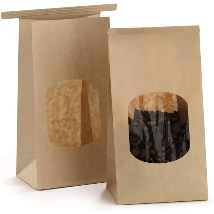 Small Bakery Bags with Window 50Pcs 3.54x2.36x6.7 Inches Window Tin Tie Tab Lock Kraft Brown Paper Bags for Coffee Bean, Cookies, Treat, Snack