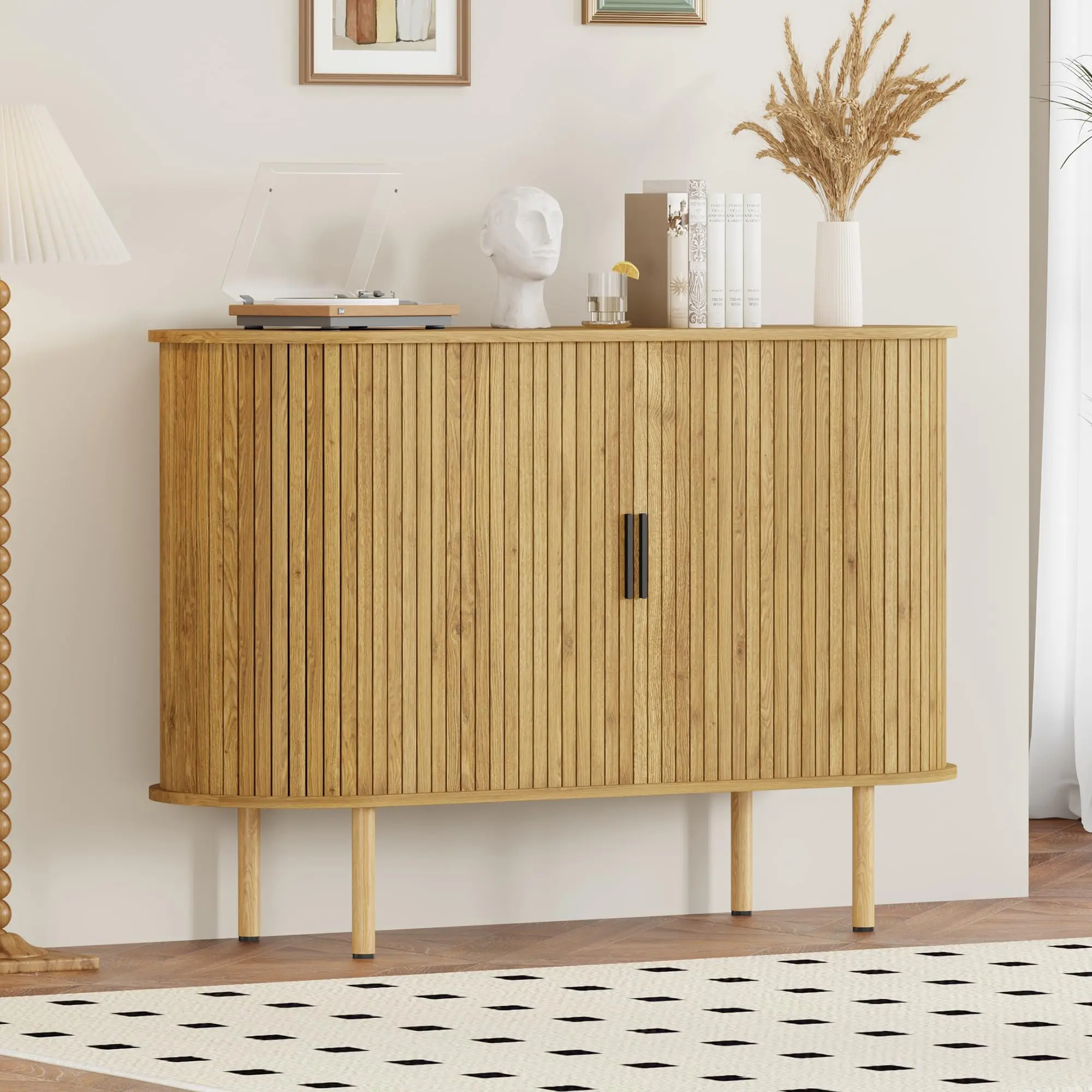 Garvee Sideboard Buffet Cabinet with Storage, 47" Mid Century Modern Accent Cabinet, Sliding Door Entryway Small Storage Cabinets for Kitchen, Living Room, Entryway, Oak