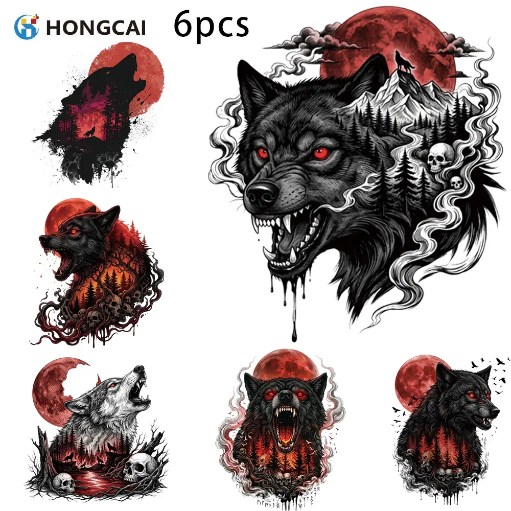 6pcs Cool Dark Night Howling Wolf Heat Transfer Stickers, Multi-Style Forest and Moon Iron On Appliques for Various Fabric Surfaces Handmade DIY Decoration Craft Embellishments, Easy Operation DTF Transfers