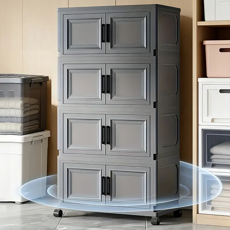 18.5" (47CM) - 6-Pack Large Capacity Foldable Covered Storage Box with Caster Wheels, 3/4/5/6-Tier Stackable Plastic Storage Box with Door and Handle, Multi-Functional Household Storage Container/Storage Drawer Cabinet, Space-Saving Storage Box