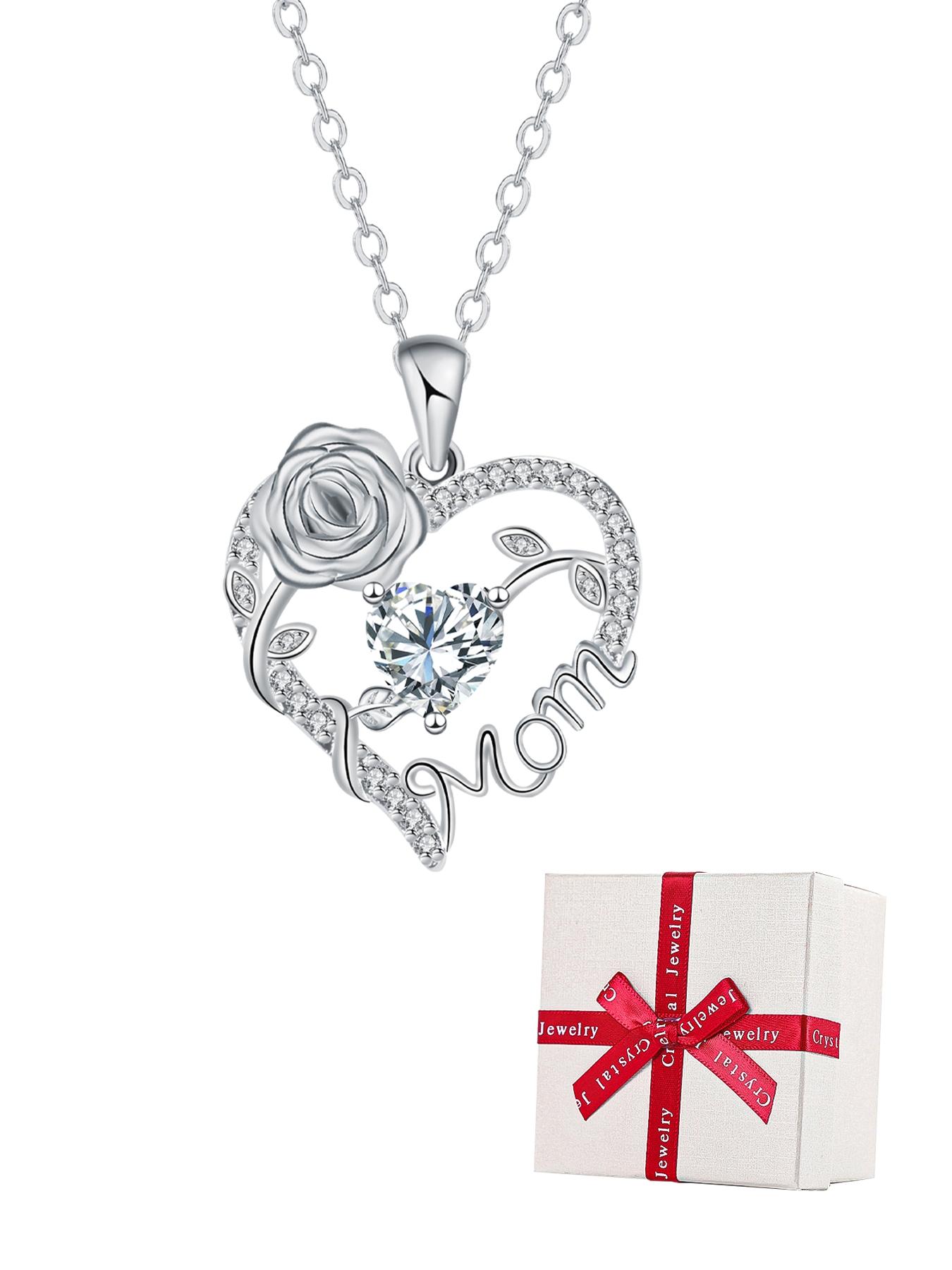 Rose Heart Mom Birthstone Necklace With Bear Rose Jewelry Gift Box, Exquisite Jewelry Gift, I Love You Mom Necklace, Mother's Day Christmas Gifts Jewelry for Grandmother Women Wife,Gifts For Women