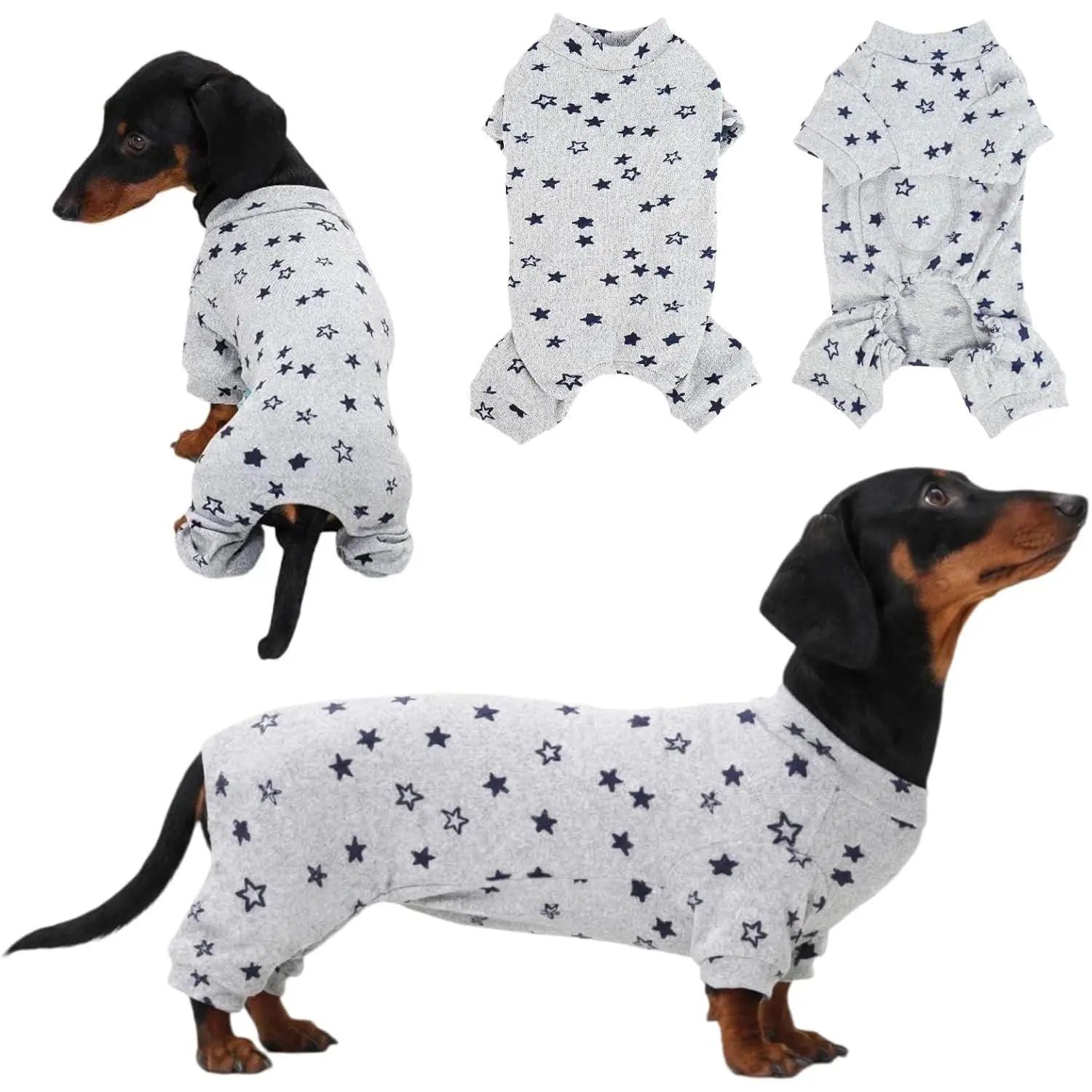 Dachshund Fabric Onesie Clothing - Durable, Machine-Washable, 4-Way Stretch Calming Wrap Recovery Outfits for Weenies, Eases Separation Anxiety, Provides Warmth, Contains Shedding, Star Graphic, 5 Sizes (XS-XL), Size M (Fits Male & Female Dogs)