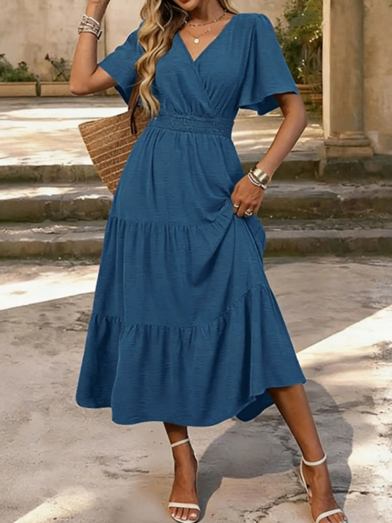 Women V Neck Wrap Midi Dress Short Flutter Sleeve Smocked High Waist Tiered Ruffle Hem Dress With Side Pockets Loose Flowy Vacation Beach Casual Dating Swing Mid Length One Piece Outfit