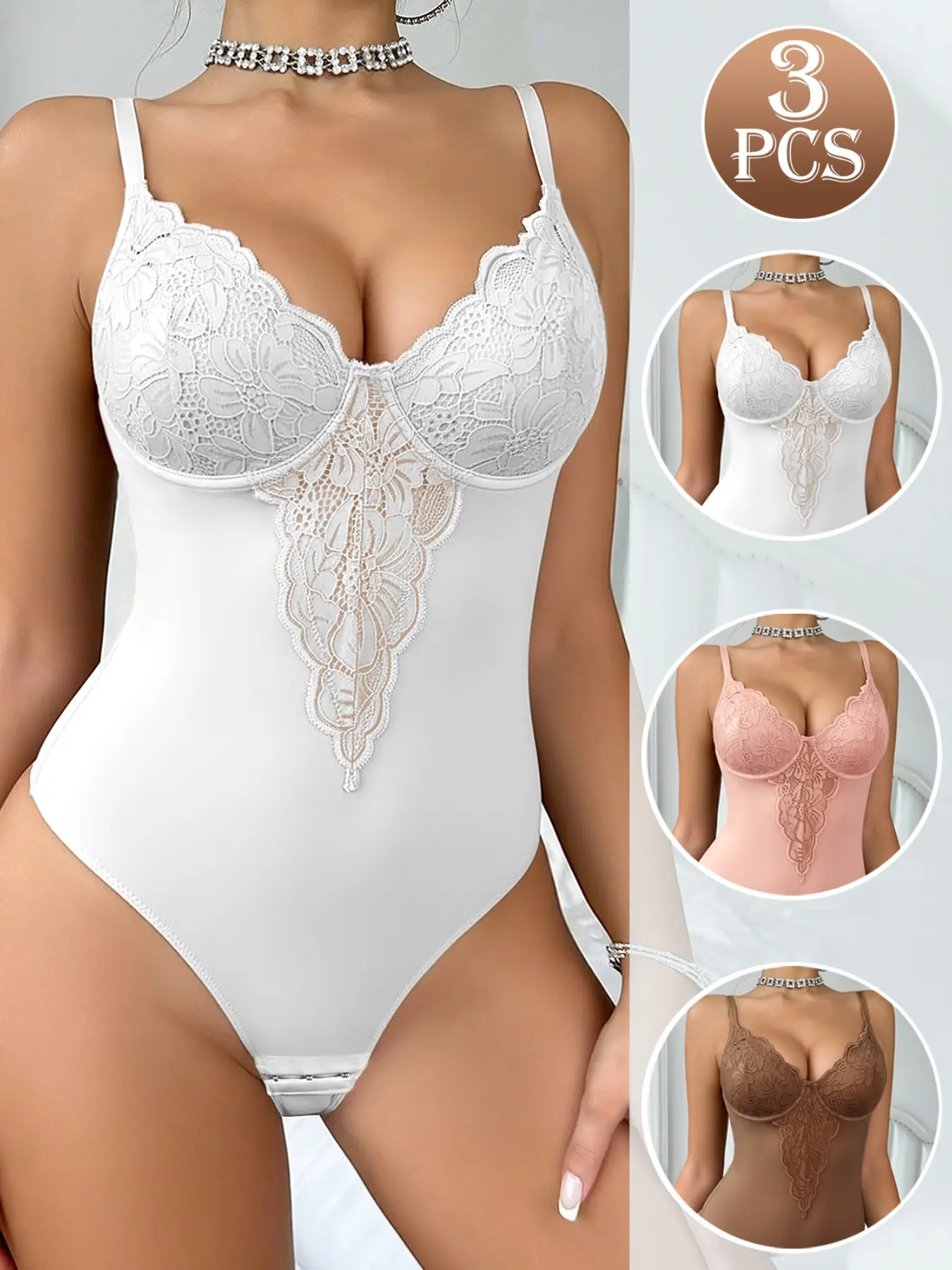3-Pack Deep V Lace Backless Fashion Shapewear Bodysuit, Busty Support Bra, High Stretch Waist Cinch, Adjustable Straps, Home Office Date Wear