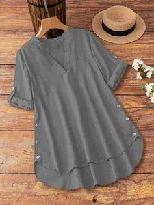 Plus Size V Neck Short Sleeve Basic Button Fashion Casual Solid Color Simple Elegant Shirt Blouse, Comfortable Daily Wear Top, Stylish and Chic Design
