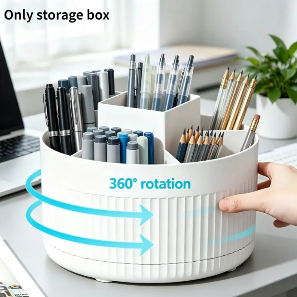 360 degree rotating five grid pen organizer for desk, large capacity desktop stationery storage box, office desk organizer rack