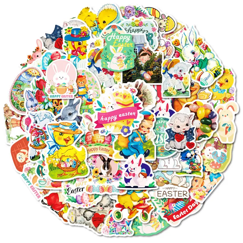 50 Easter-themed cartoon bunny and egg graffiti stickers for DIY water bottles and tablets