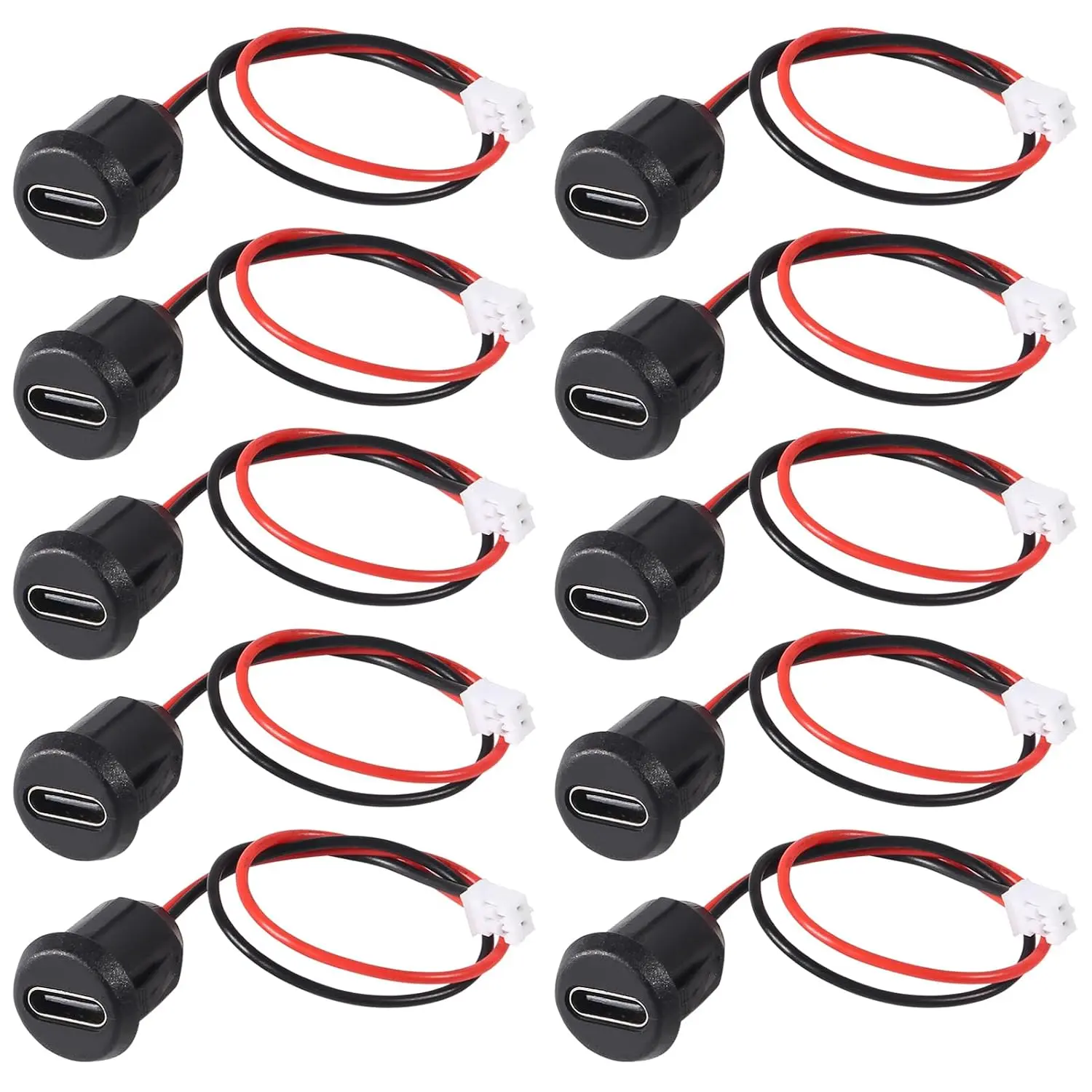 10-Pack USB-C Female to Male Charger Jacks - Chassis Crimp Connectors, Direct Watersafe Port, 3A High Current, Black Round
