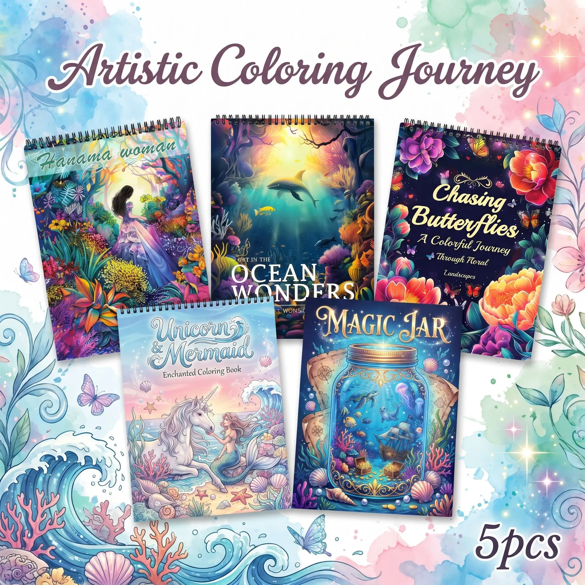 Adult Coloring Book - 5PCS Hanama Women, Unicorn & Mermaid, Magic Jar, Chasing Butterflies, and Ocean World Themes - 11.2x8.27 Inch, High-Quality Thick Paper, Vivid Designs for Stress Relief & Relaxation - Perfect Gift for Christmas, Birthdays & Holidays