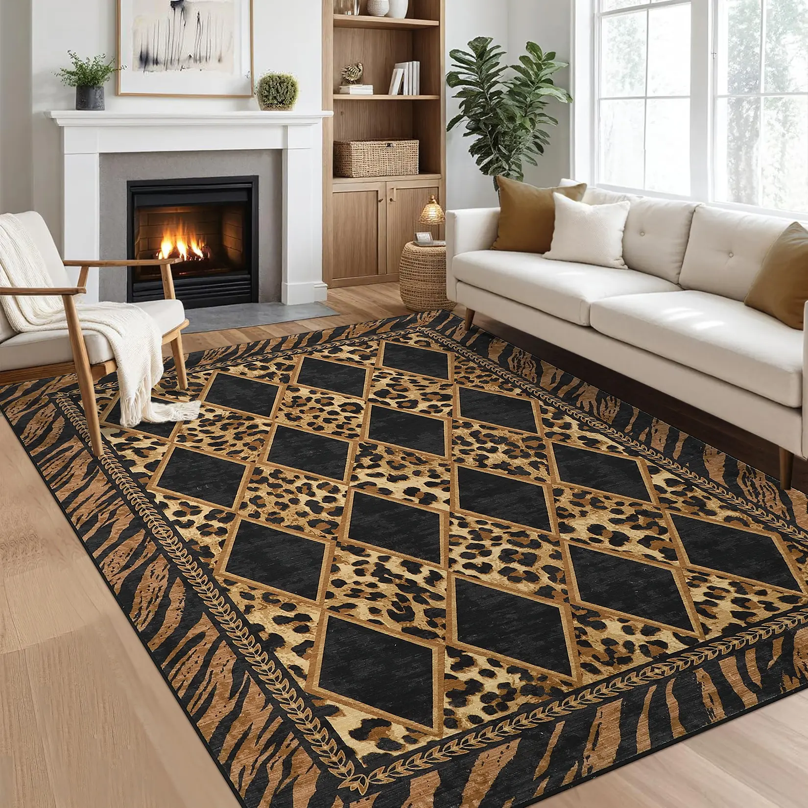 Washable Foldable Geometric Animal Print Area Rug, 1200gsm Pearl Velvet, TPR Non-Slip, Dark Brown, 5x7 & 9x12 ft
