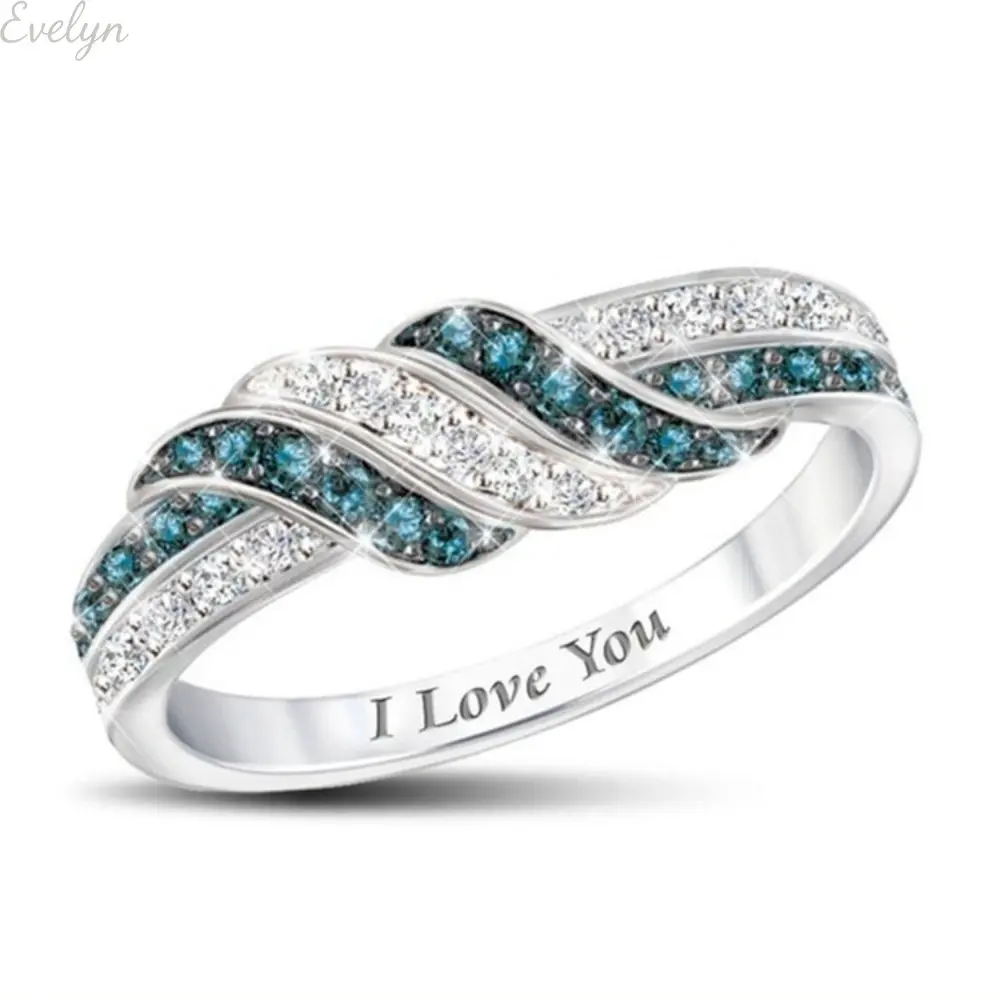 Women’s Twisted Band Engagement Promise Ring, MDF-Steel Zircon Embellished Ring with Inlaid Blue-Green & Clear Zircons, Inner Engraving "I Love You", Romantic Wedding Anniversary Jewelry Gift