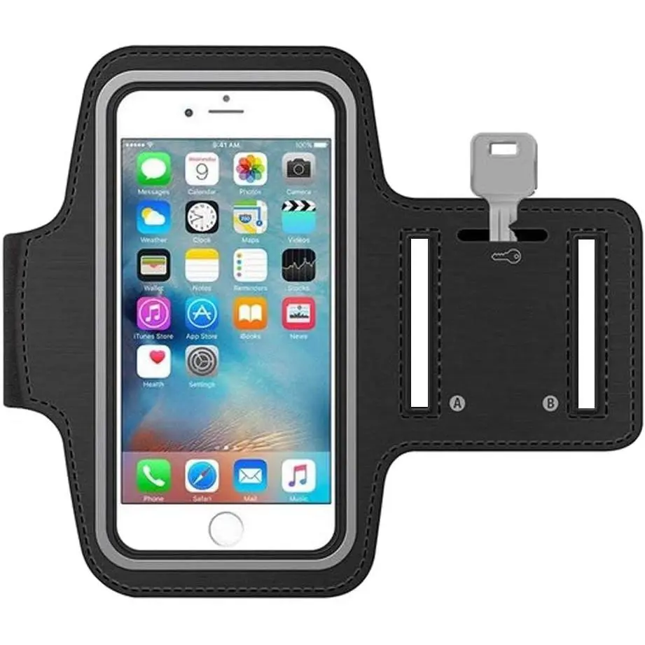 Running Phone Armband for Babies' Caregivers - Stretchable Sports Armband with Key Holder, Reflective Strip, Touchscreen Cover, Fits 7.1" Max Phones, Compatible with iPhone 11-17 (Black), Phones Up To 7.1"