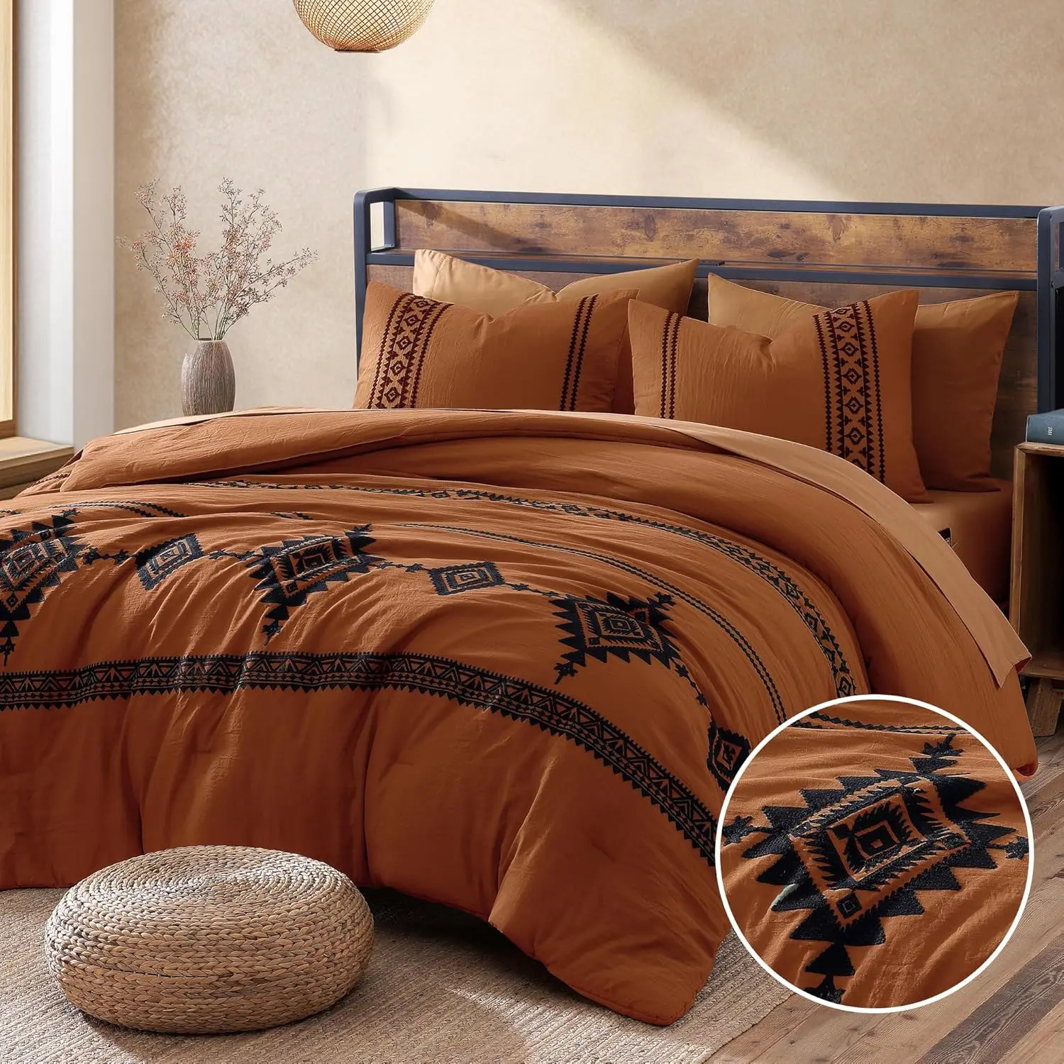 Embroidery Comforter Set, Boho Farmhouse Western Bedding Set, All Season Bed in A Bag Comforter Set with Sheets, Pillowcases & Shams, Burnt Orange Queen 7 Pieces