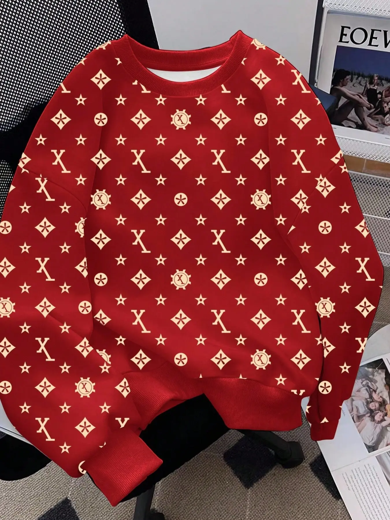 Women 4 Colors All over X Star Print Crew Neck Sweatshirt, Luxury Vintage Full Print, Oversized Casual Long Sleeve Streetwear Top