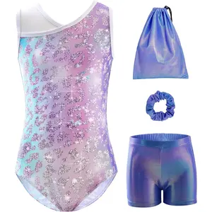 Gymnastics Leotards for Girls 4-Piece Outfit with Storage Bag Scrunchie & Shorts Set for Toddler Kids 3-12 Years