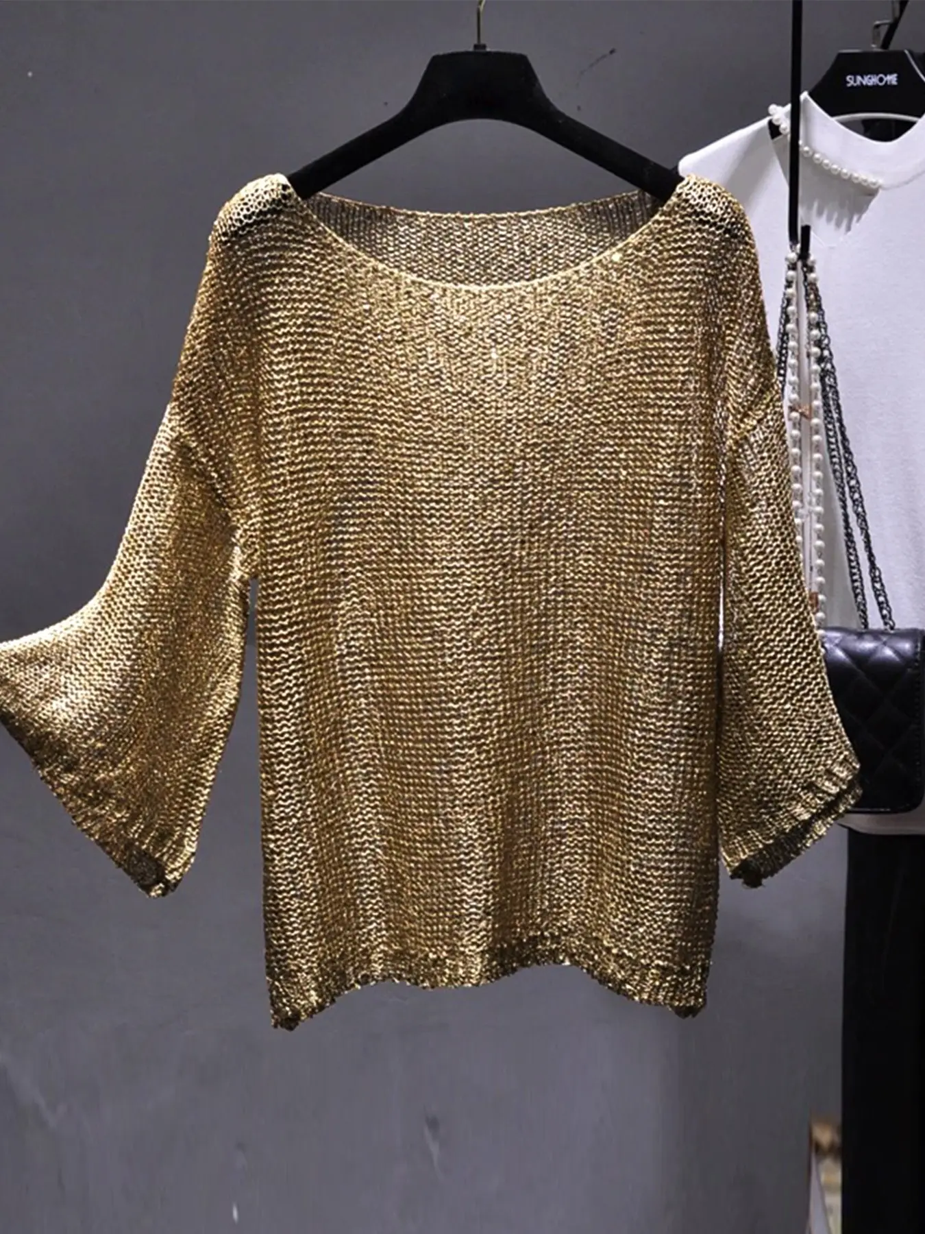 Summer Women's Metallic Gold Shimmer Sweater Top, Lightweight Open-Knit Boat Neck 3/4 Sleeve Loose Pullover, Trendy Oversized Going Out Top, Sparkly Sweaters for Women, Chic Womens Tops for Party, Vacation, Date Night, Concert & Holiday