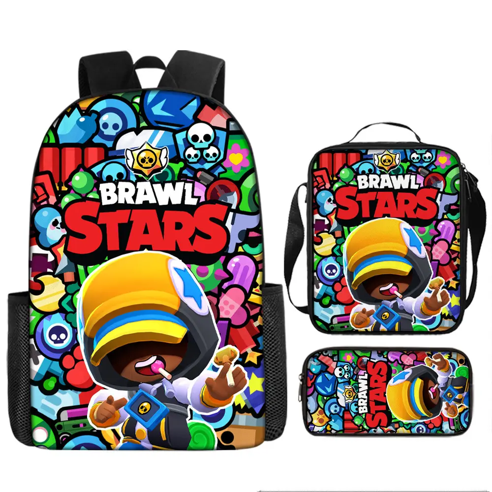 Durable Water Resistant 3-Piece Backpack Set for Kids, Multiple Styles Brawl Stars Game Character Cartoon Print School Backpack with Lunch Bag and Pencil Case
