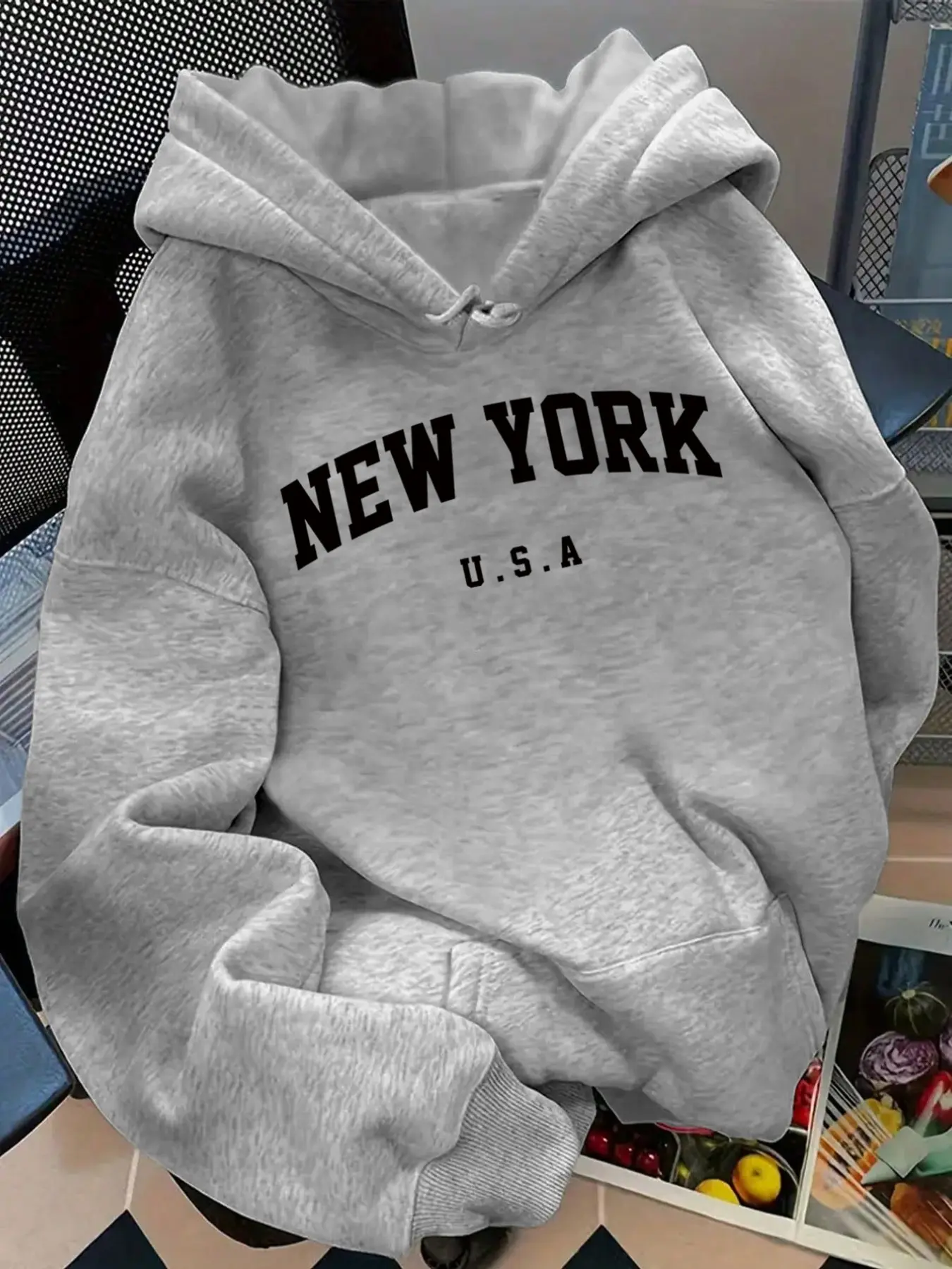 Women's New York Letter Print Hoodie, Long Sleeve Casual Sweatshirt, Adjustable Drawstring Hat, Kangaroo Pocket, Fall Winter Outdoor Wear