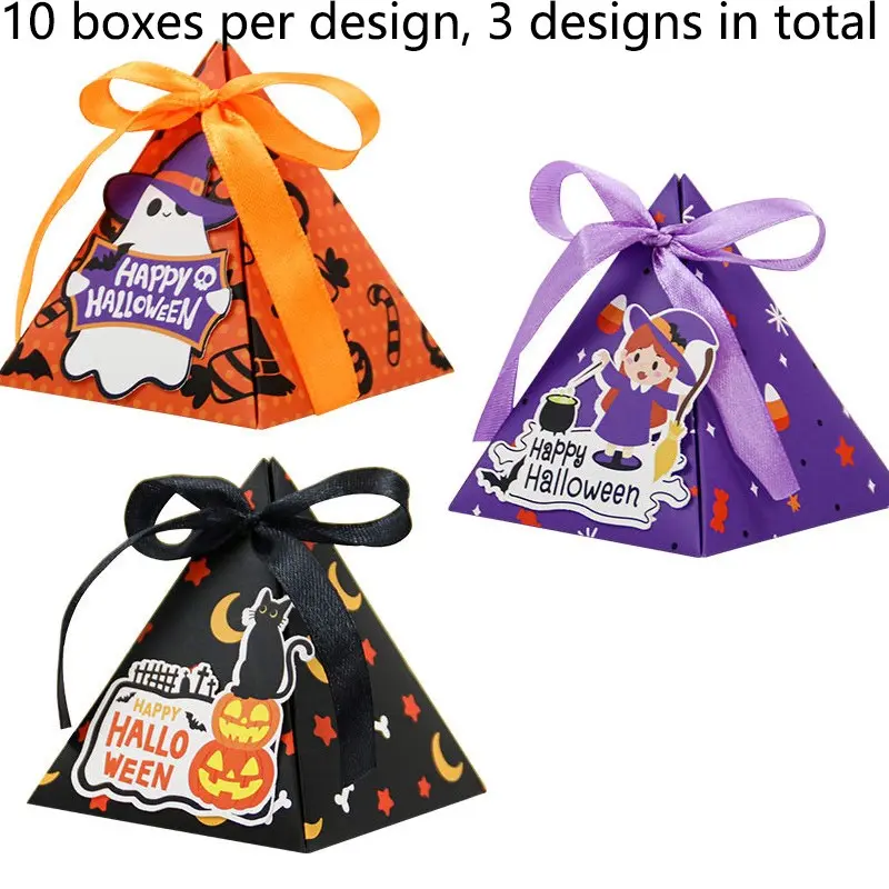 30 Halloween Candy Boxes, Triangular Pyramid Ribbon Gift Box, Cute Ghost Pumpkin Witch Cat Design, Kids Trick-Or-Treat, Classroom Party Decor