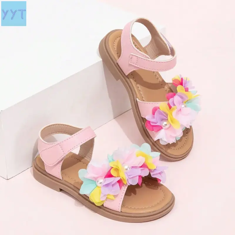 2026 YYT1 Girls' Flat Sole Open Toe Slide Sandals - PU Rubber Velcro Strap, Pearl Flowers Decor, Casual Fashion Slip-On Fit Footwear
