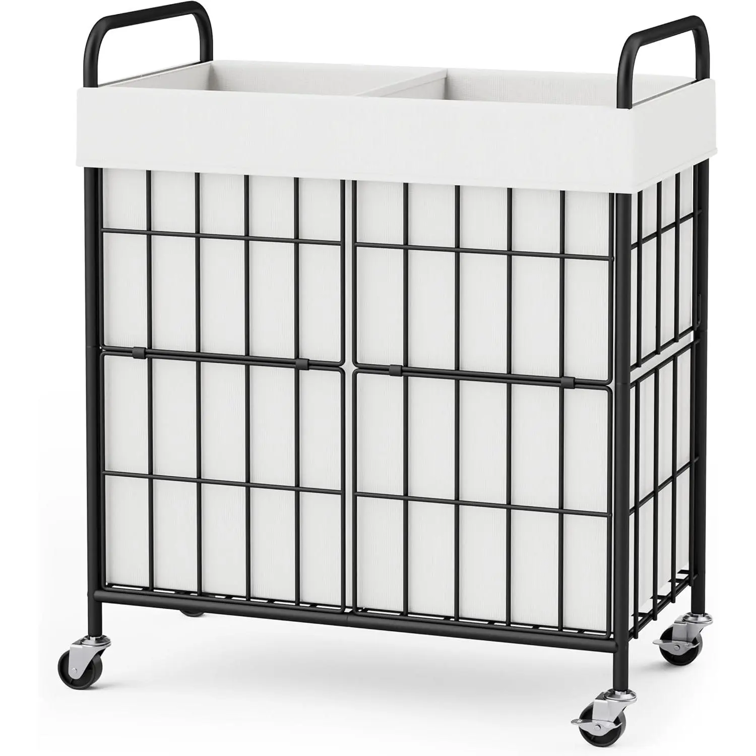 2 Section Laundry Hamper with Wheels and Brake, 100L Laundry Sorter Cart with 2 Removable Liner Bags, Metal Handle, Rolling Laundry Basket for Bedroom Laundry Room