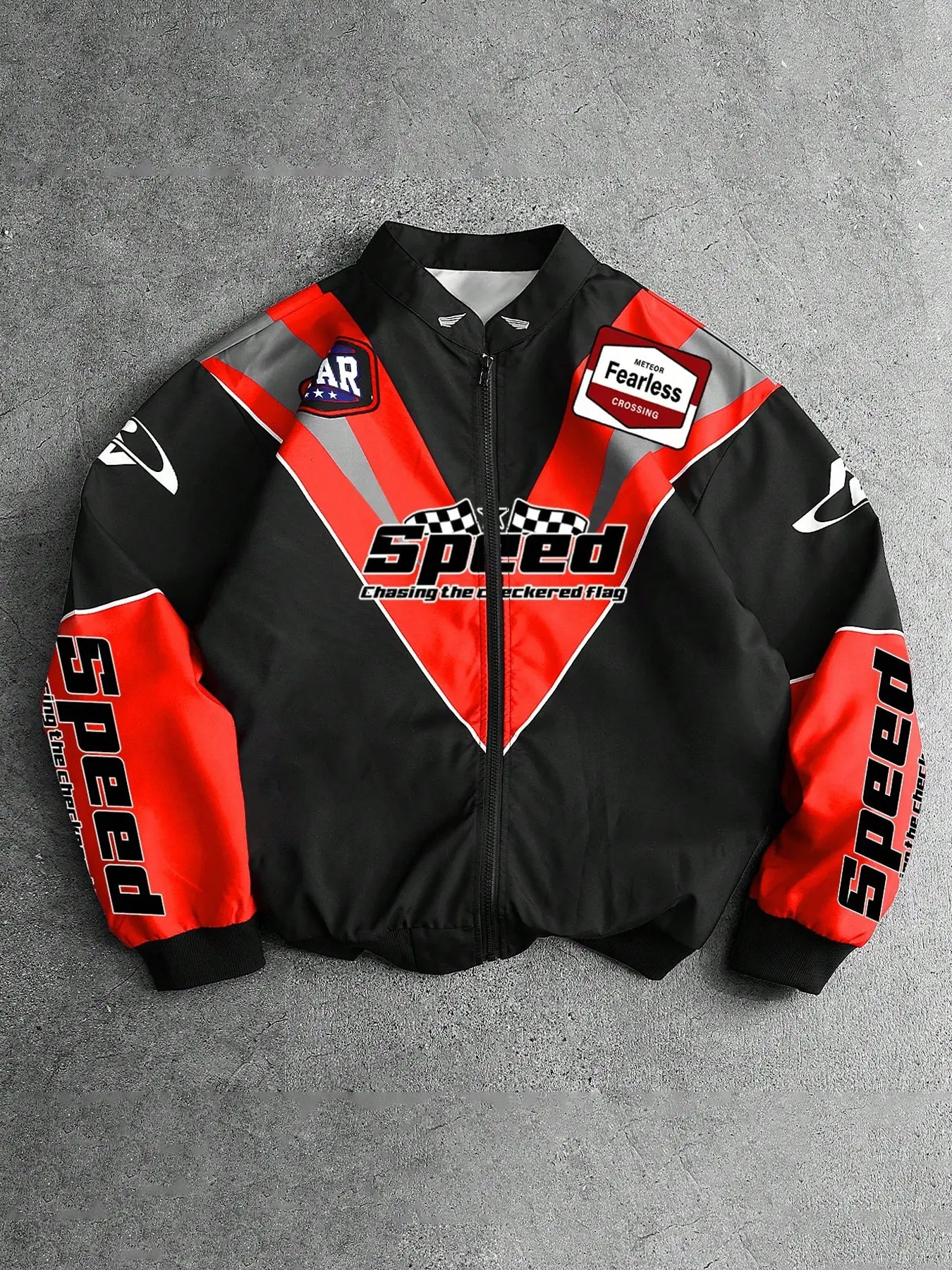 Men's Retro Racing Jacket, Patchwork Theme Print Zipper Stand Collar, Casual Streetwear Motorcycle Coat, Trendy Outerwear for Men