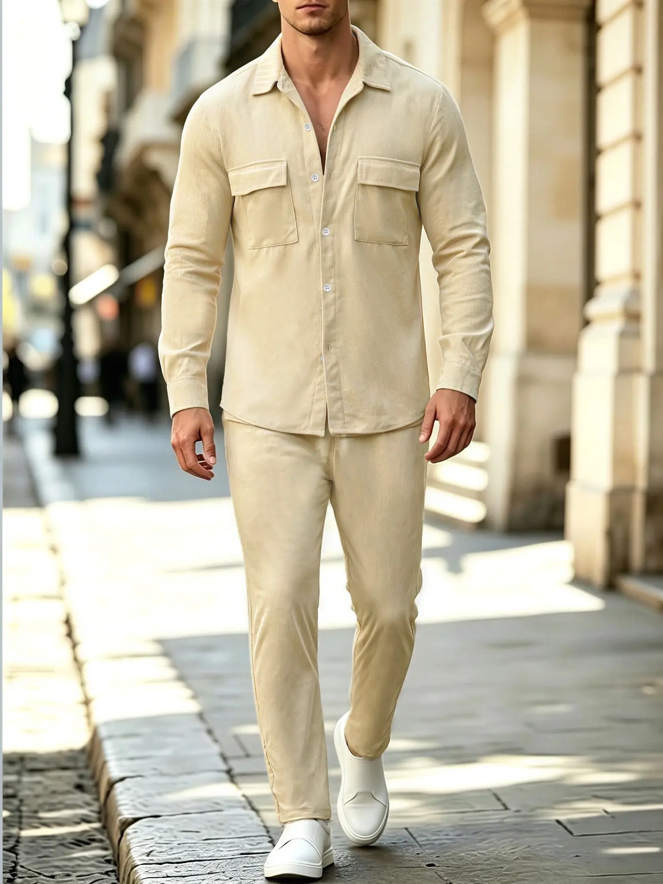 Men 2Pcs Retro Corduroy Matching Set, Khaki Pocket Collar Shirt & Drawstring Ankle Pants, Soft Vertical Stripe Casual Outfit for Work, Travel & Daily Commute