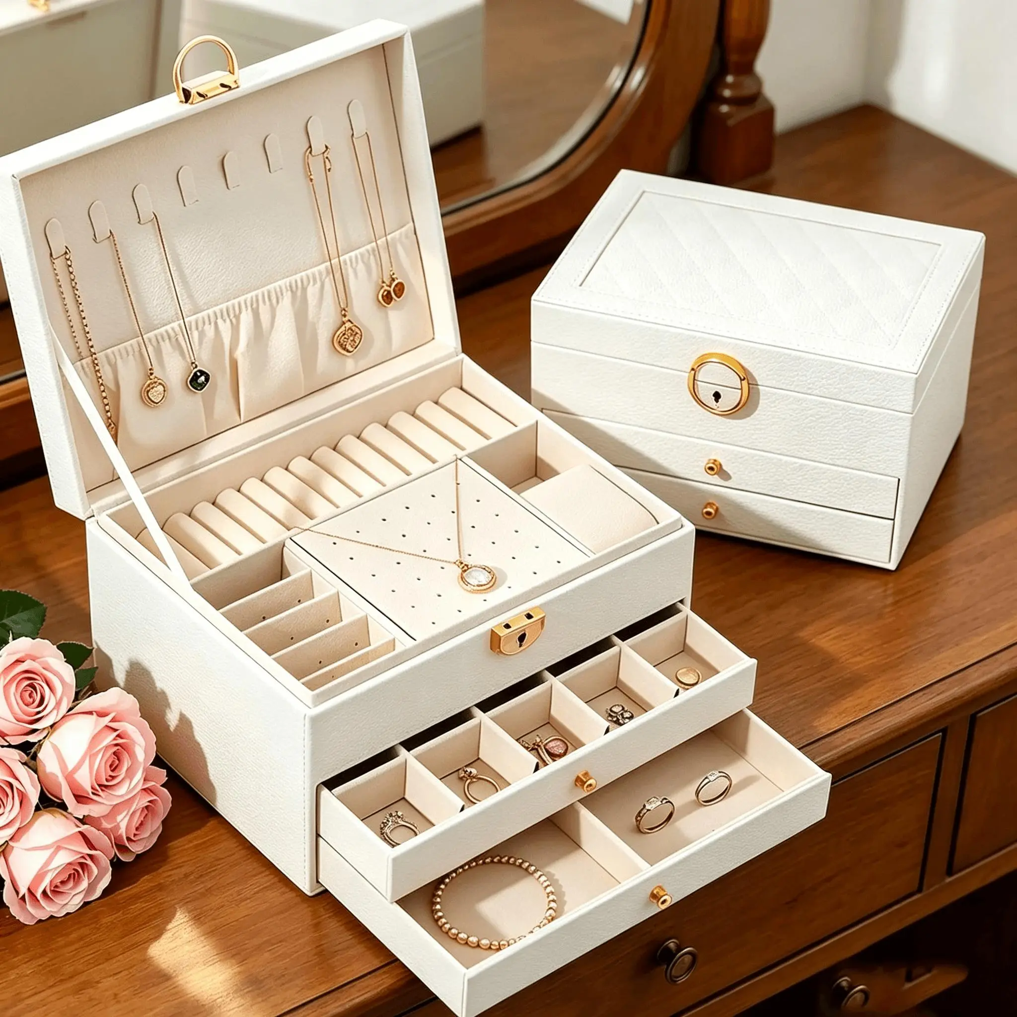 3-Layer Lockable Jewelry Box for Women, Quilted Faux Leather Vanity Organizer with 2 Drawers, Velvet Lining, Ring Slots, Earring Panel, Necklace Hooks, Watch Cushion & Adjustable Dividers, Black or White Dresser Storage Case