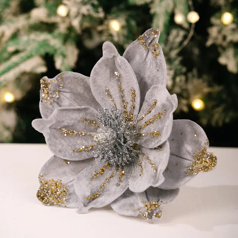 Artificial Velvet Christmas Poinsettia Magnolia Flower with Glitter and Sparkling Center, Flexible Stem Holiday Ornament for Xmas Tree Wreath Garland Bouquet Table Centerpiece, Home Hotel Wedding Party New Year Decor, Winter Essential flexible stem