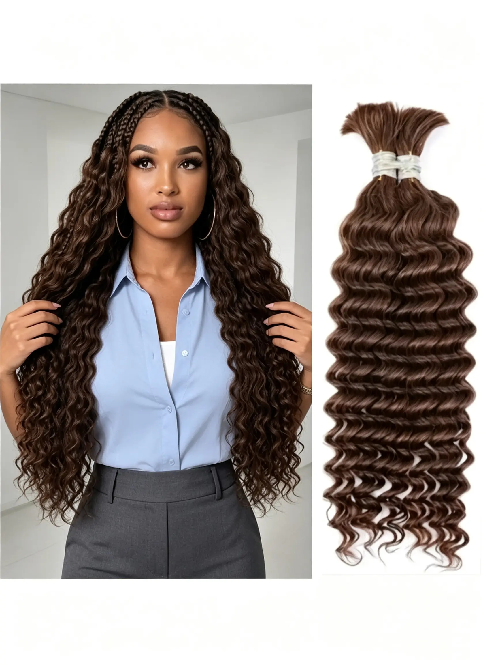 14 Inch To 28 Inch Deep Water Wave Bulk Human Braiding Hair Color 4# Deep Curly Brown Hair 2 Bundles Per Package No Weft Extensions For Fashion Boho Braids
