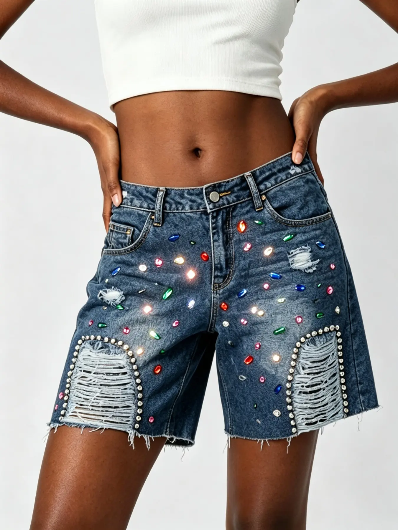 Women's High-Waisted Denim Capri Pants, Sexy Rhinestone Ripped Design, Perfect for Parties, Music Festivals, Concerts