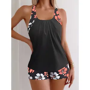 Women's 2026 Summer Black Printed Tankini Set - Black Printed Straps, Floral Swim Bottoms, Modest Slim-Fit Flattering Elastane 2-Piece Swimsuit for All Body Types - Boyshorts,Hipster,High Waisted,Cheeky - SummerVibes