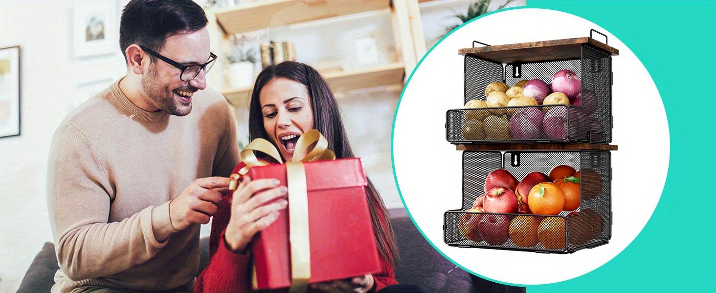 2-Pack Fruit Basket Wire Basket, Stackable Wall-Mounted Countertop Kitchen Counter Organizer for Snacks, Fruits and Vegetables Storage, Onion and Potato Hanging Basket with Wooden Lid