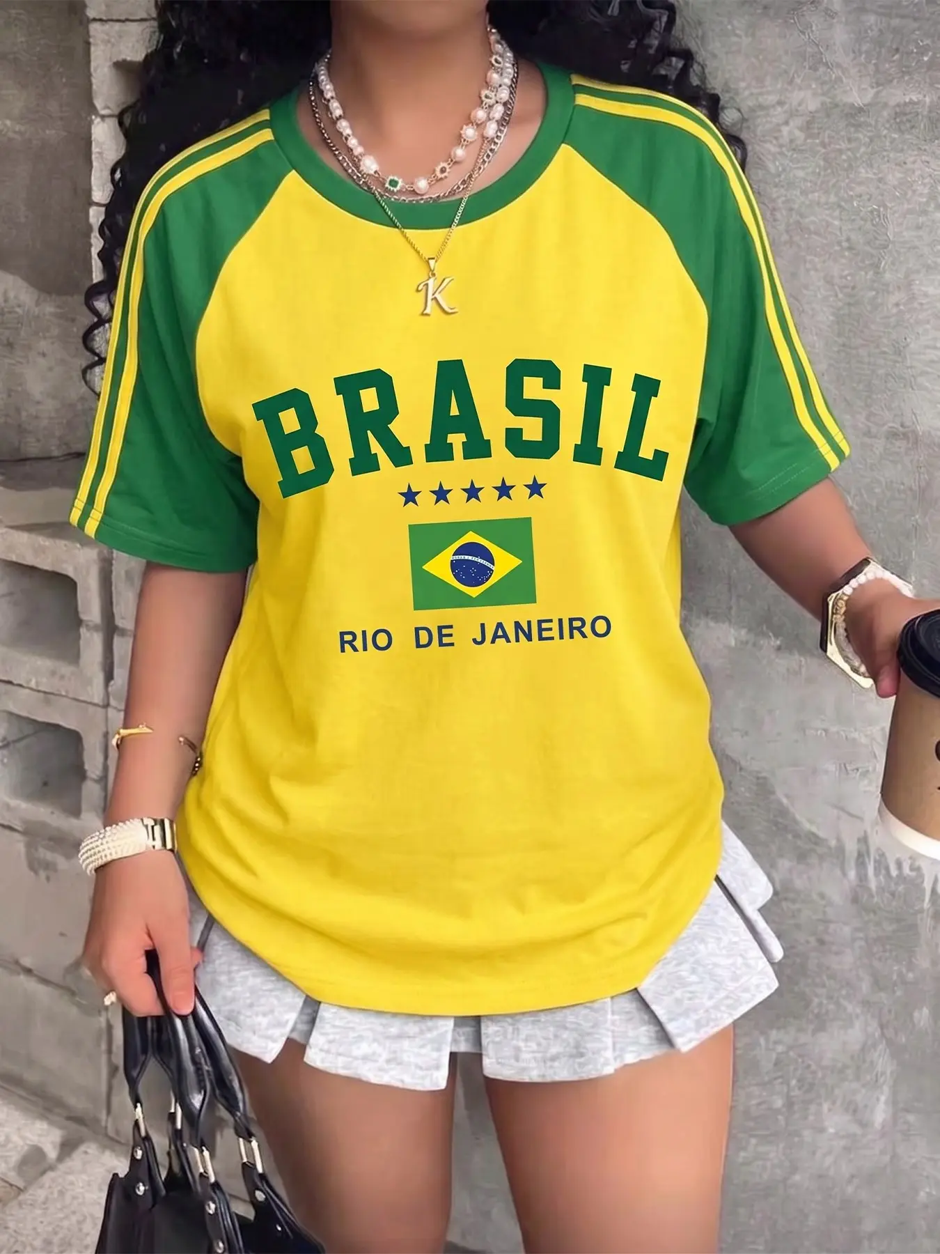 Women's New Brazilian Print Colorblock Casual Summer Fashion Streetwear Top, Casual Tee Tops, Ny Style Letter Print Round Neck T-Shirt, Comfortable, Stylish & Fit for Daily Wear