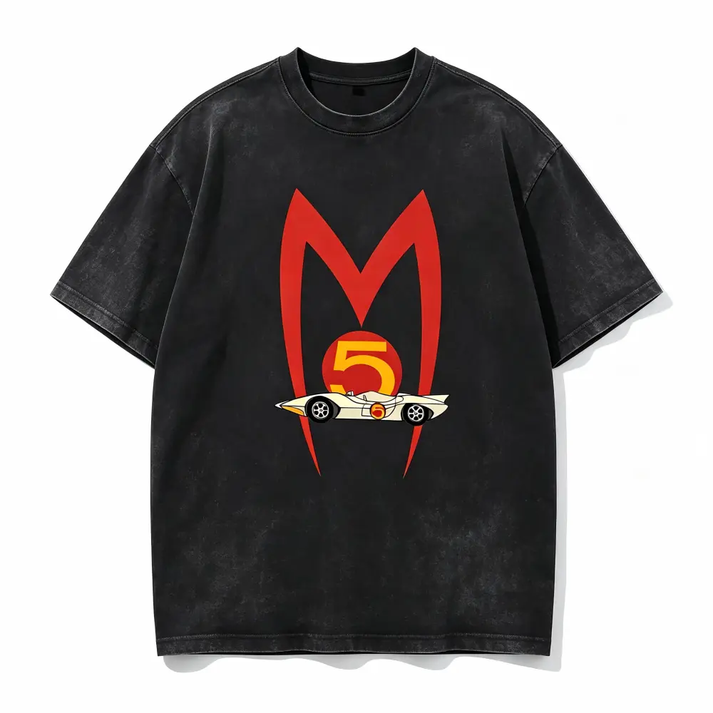 Men's MACH 5 Speed Racer Vintage Graphic T-Shirt - Menswear, Comfy Basic Undershirt, Funny Racing Car Design, Casual  Crew Neck Shortsleeve Tee, White with Red & Blue Accents, Lightweight Breathable for Multi-Season Use