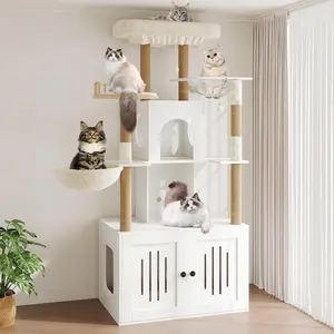 Cat Tree with Hidden Litter Box, Multi-Level Cat Tower with Storage Cabinet, Plush Top Perch, Sisal Scratching Posts, Hammock & Space Capsule for Indoor Cats