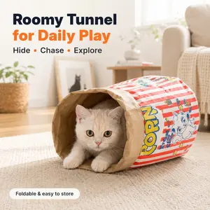 Large Kitten Crinkle Paper Bag, Popcorn Style Hide Toy, 35 X 75 Cm, Foldable Hide Tunnel, Suitable for Indoor Kittens and Adult Cats