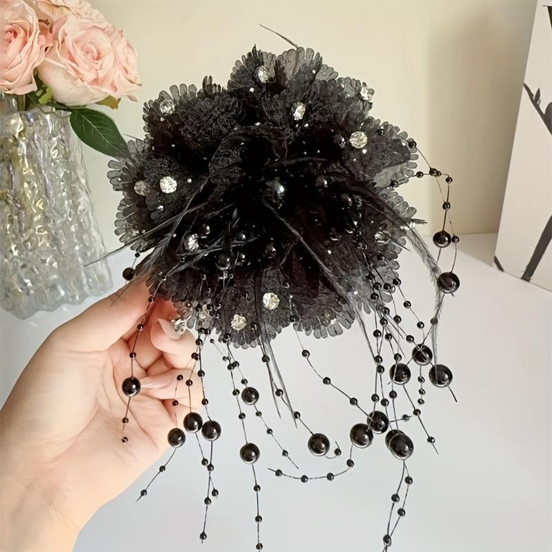 Elegant Large Round Flower Hair Clip With Feathers Tassels Volume Enhancing Shark Clip Peony Flower Design Hair Accessories For Wedding Prom Everyday Updo