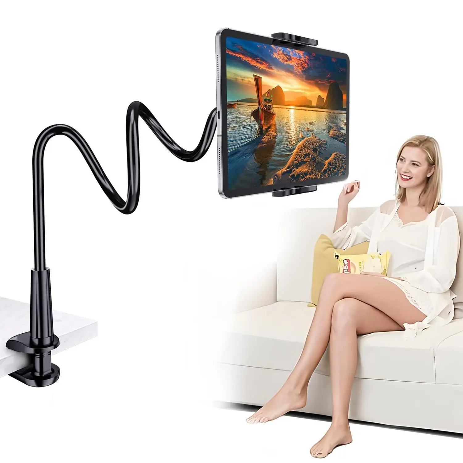 Aluminium Long Arm Flexible Phone Holder Stand - Portable Phone Mount with Reinforced Bolt Clamp Base, Universal for iPhone, iPad, Samsung Mobile Devices, Home Organizer Storage Accessory for Bed, Desktop