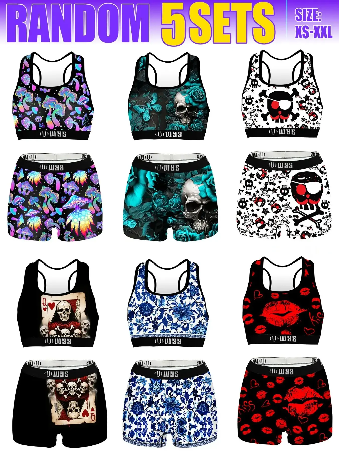 Random pattern 5sets，Women's Butterfly Pattern Sports Bra Set, Exercise Bra, Casual Wireless Bras, Wirefree Sports Bra, Comfortable Stretchy Underwear, Ideal for Running & Swimming