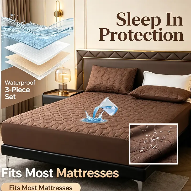 Viral Breathable Waterproof Quilted Bed Fitted Sheet Set, High Stretch Deep Pocket Mattress Protector, Smooth Silent Fabric, Complete Bedding Set with Pillowcases for Modern Minimalist Bedroom Decor
