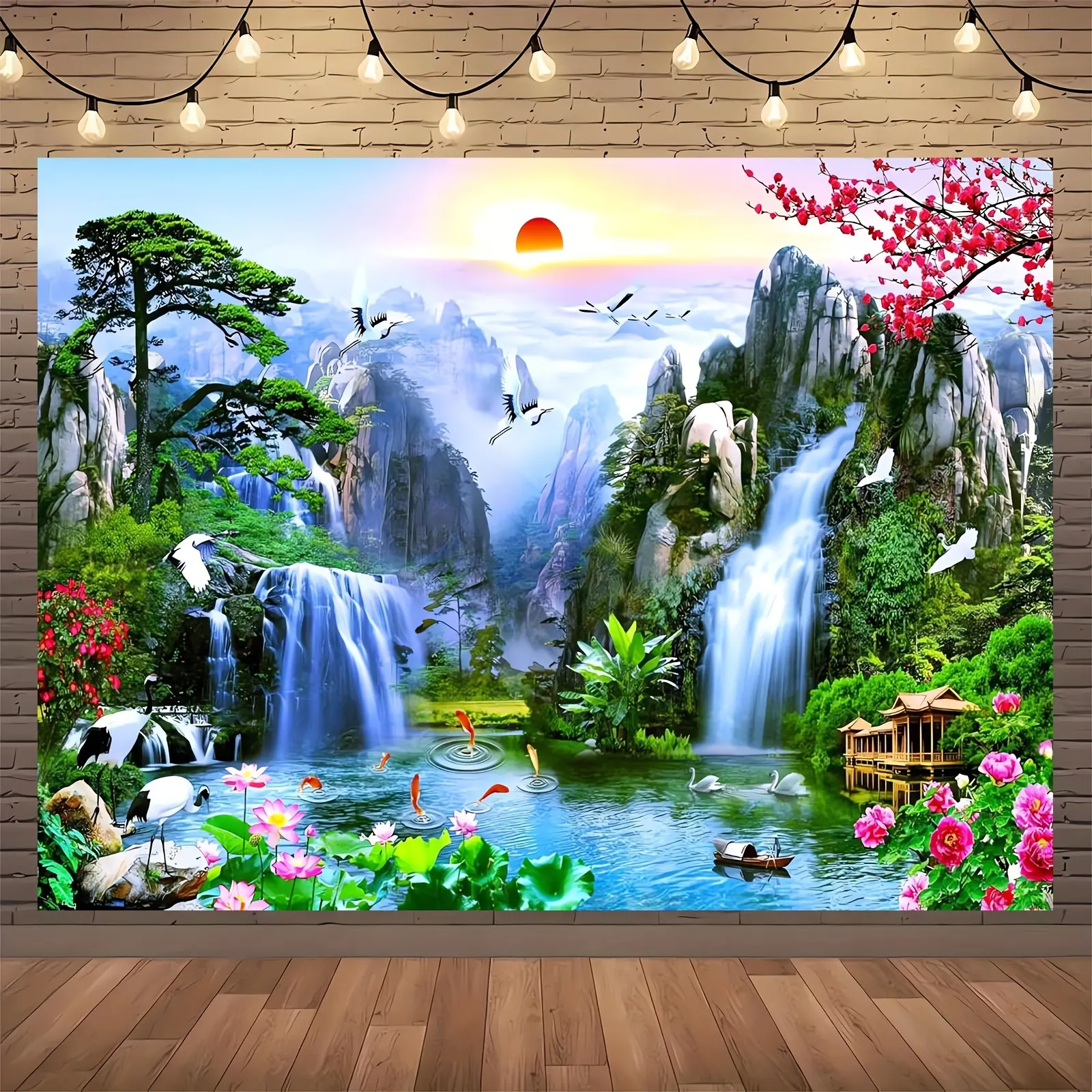 Asian Landscape Cherry Blossom Waterfall Print Tapestry - Zen Nature Scenery Hanging Decoration, Koi Fish & Pagoda Room Decor Banner for Living Room, Studio Backdrop (Flat Print)