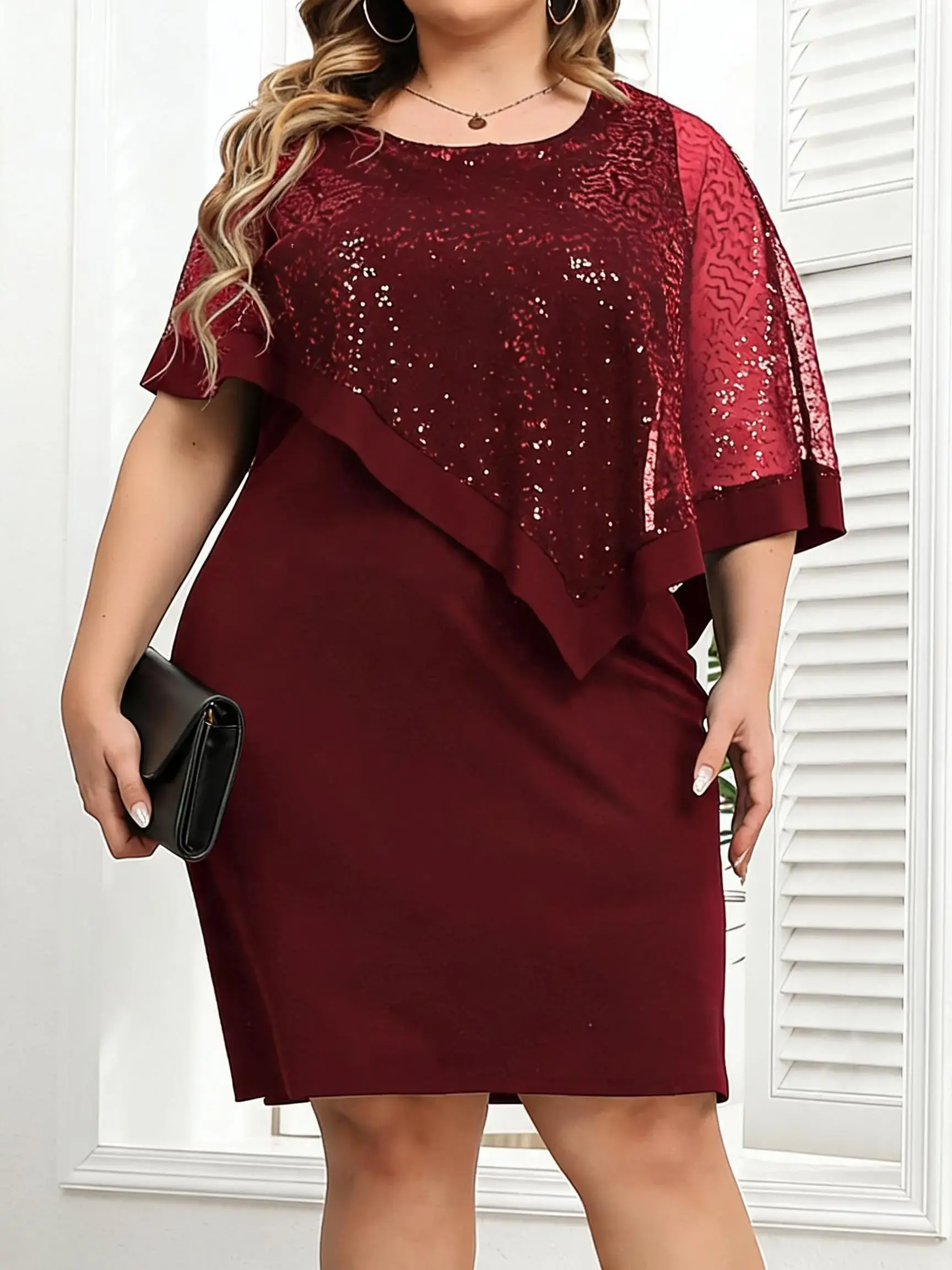 Plus Size Women's Sequin Mesh Contrast Batwing Sleeve Dress, Round Neck Elegant Short Party Holiday Summer Embellished Outfit, Cocktail Party Dress