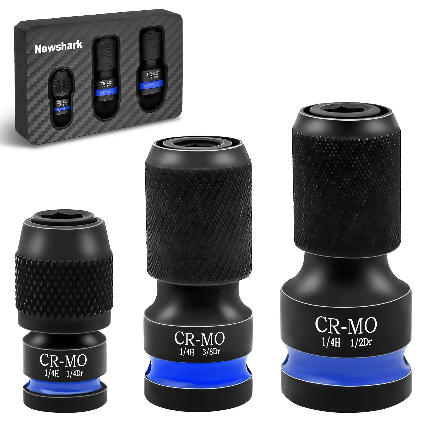 6pcs CR-MO Quick Release Stainless Steel Socket Adapter Set, Durable Material, Multiple Sizes, 1/4 3/8 1/2 Inch Drive to 1/4 Hex Shank Converter, Impact Rated Drill Bit Holder for Impact Wrench