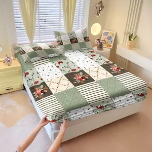 Muted Green Patchwork Rose Floral Print Fitted Sheet Set 3Pcs, 1 Fitted Sheet & 2 Pillowcases Without Fillings, Delicate Skin-friendly Fade Resistant Fabric, Machine Washable Easy Care, Pastoral Fresh Bedding For Homestay Bedroom Decor