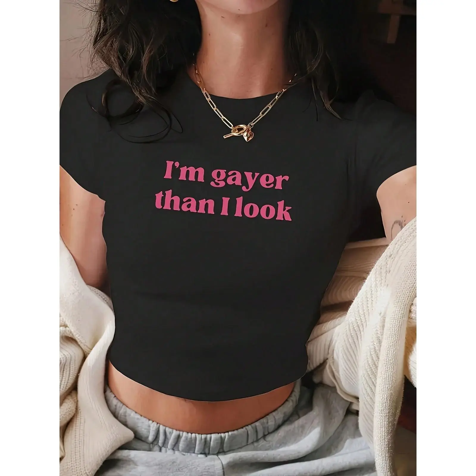 I'm Gayer Than I Look LGBTQ+ Pride Crop Top - Short Sleeve Fitted Black T-Shirt, Comfortable Casual/Daily/Party Wear, Soft Fabric