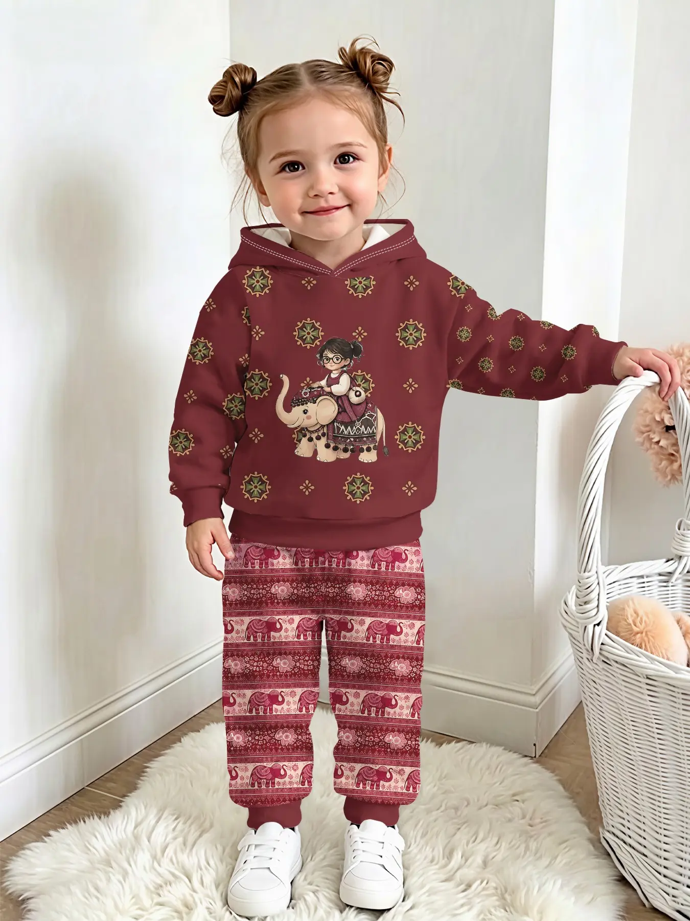 Vintage Wine Giraffe Hoodie Set for Girls, Casual Comfortable, Perfect for Daily Wear, Trendy Gift for Kids