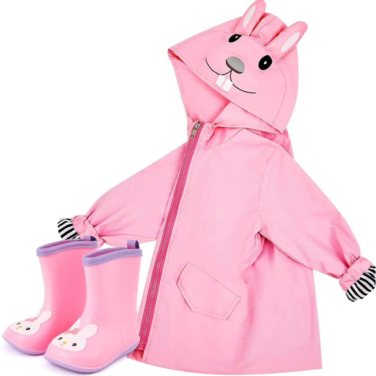 Kids' 2-Piece Yellow Duck Cartoon Rain Set - Hooded Zipper Raincoat & Short Rain Boots for Toddlers, Outdoor Leisure Wear