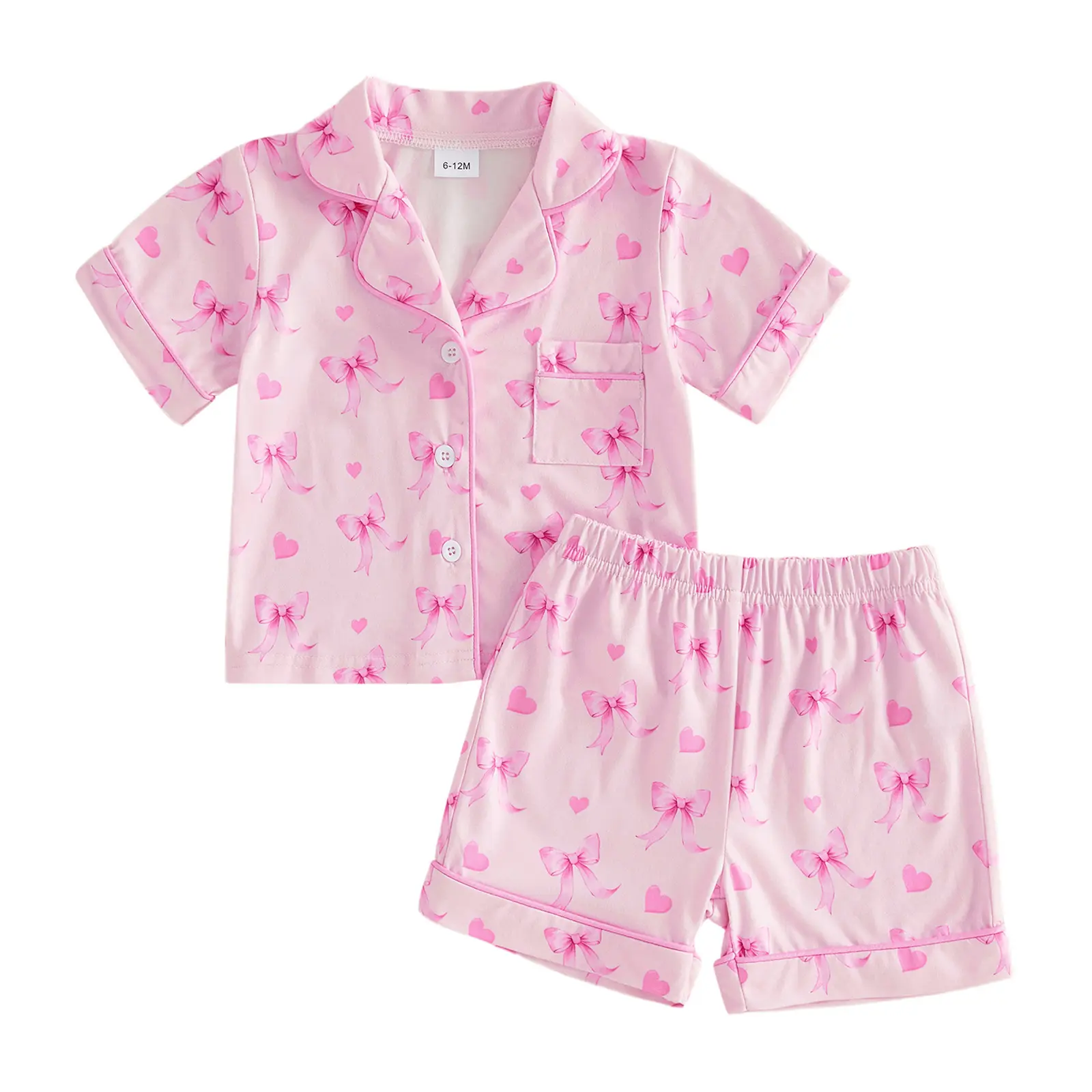 Toddler Baby Girl Pajamas Set Cute Bow Heart Print Short Sleeve Lapel Button Down Shirt Tops and Shorts 2Pcs Pjs Set Sleepwear, Polyester, Toddler Girl Stuff